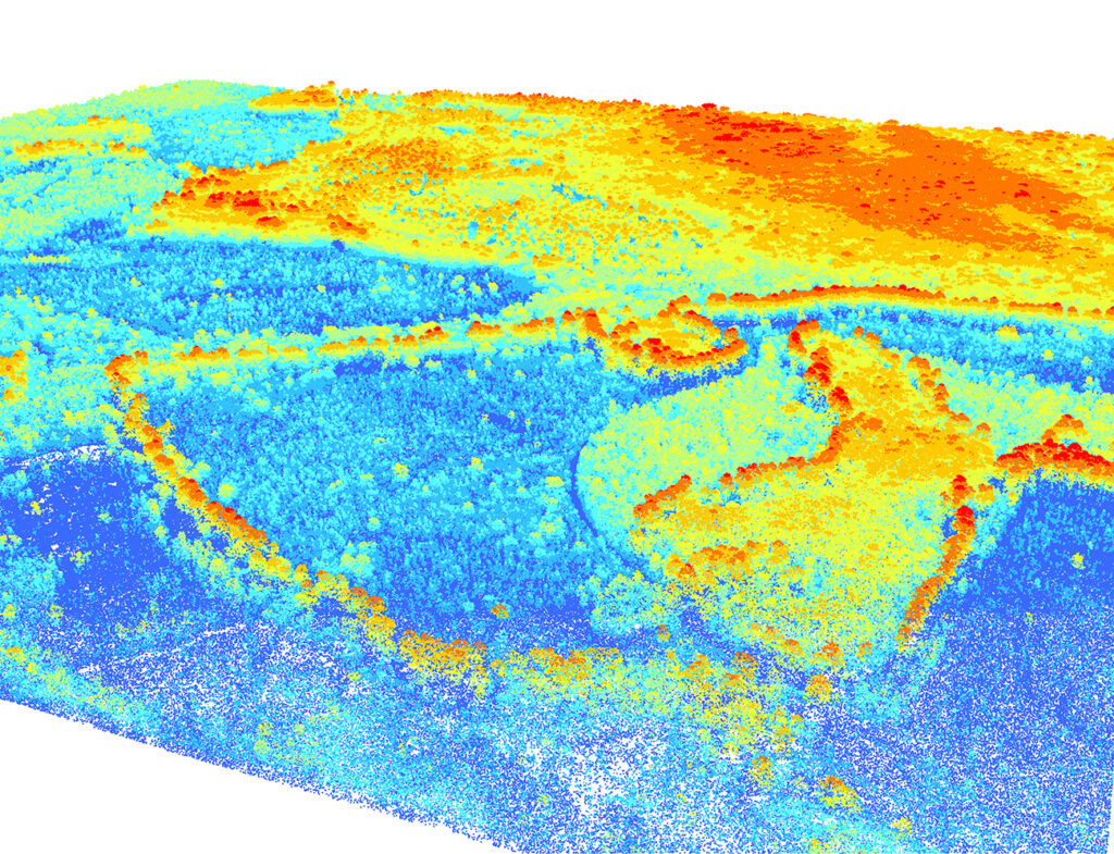 Example of LiDAR data used in this research. Warm colors indicate higher elevations (trees and shrubs) while cool colors indicate lower elevations (bare ground or grasses). The entire image is made up of over 100 million individual points, each with an associated elevation value. The data can be processed to estimate both bare ground elevation and vegetation height across a continuous grid. – Houston Chandler