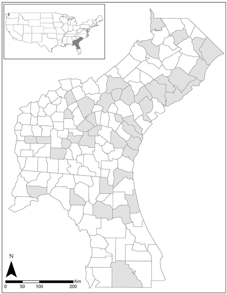 A map illustrating counties in Florida, Georgia, and South Carolina where Spotted Turtle surveys were conducted from 2018–2021. By Houston Chandler