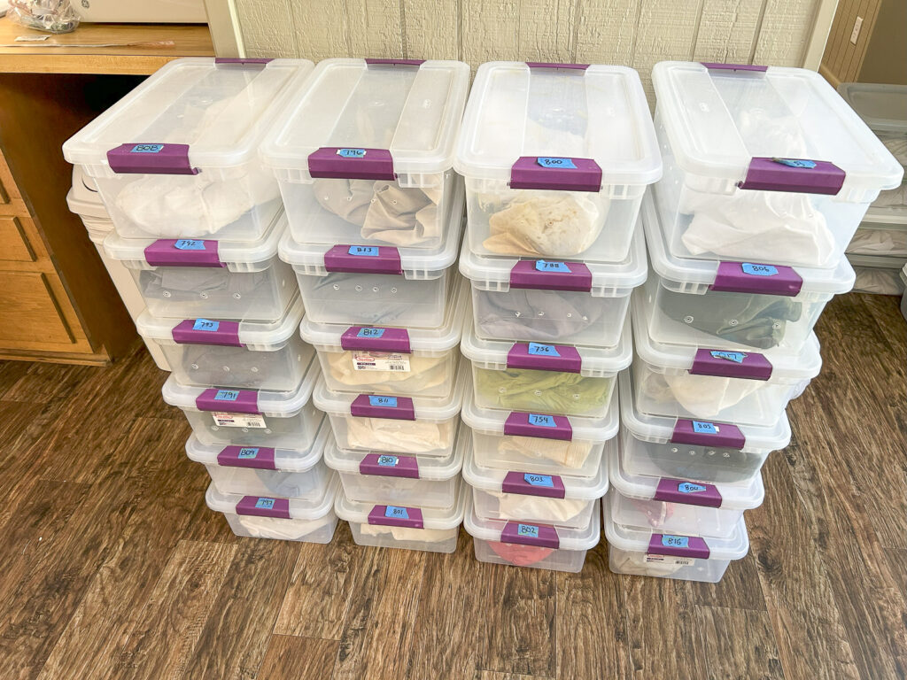 Stacked plastic bins containing indigo snakes inside cloth bags or pillowcases.